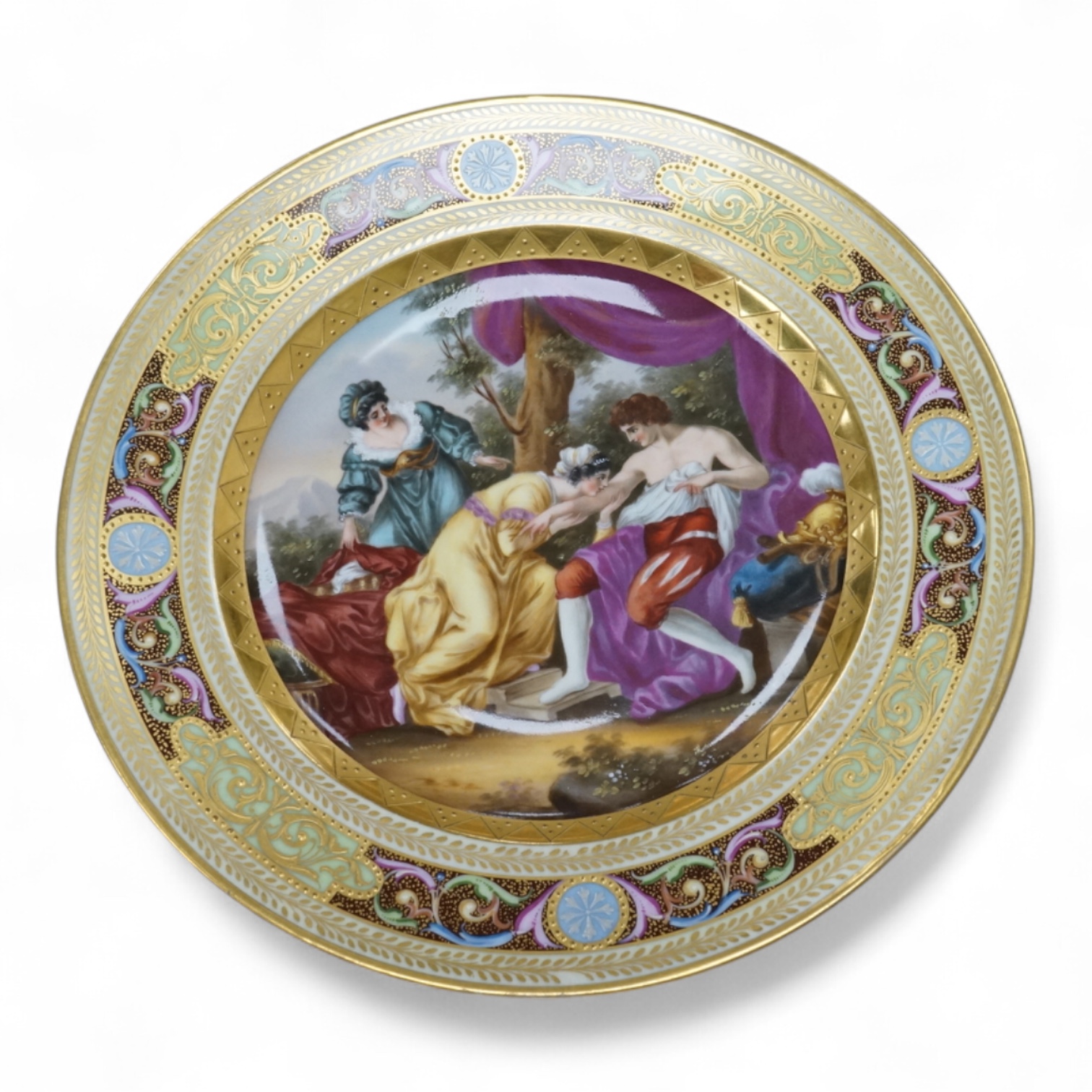 A Vienna style cabinet plate depicting a Prince and courtiers, unsigned, 24cm in diameter